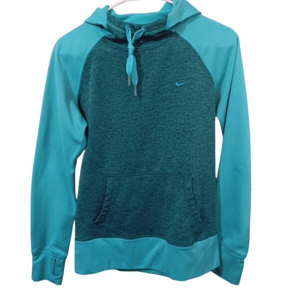 NIKE Women's Therma Fit Hoodie Medium Turquoise Blue Kangaroo Pocket Sweatshirt - Picture 6 of 7